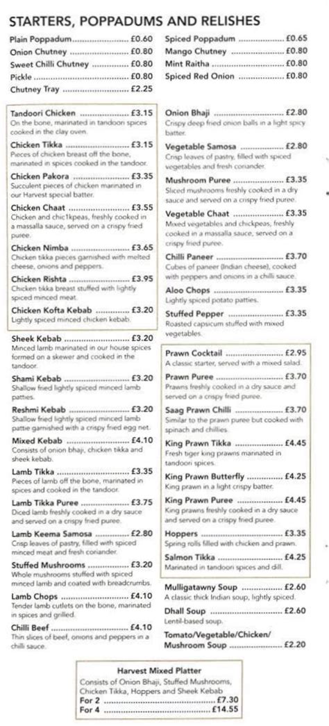 The Indian Harvest Rossendale S Full Menu Online