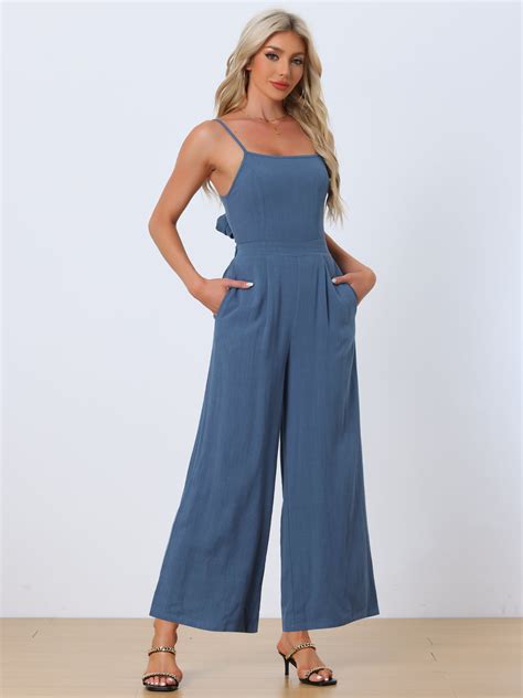 Linen Sleeveless Spaghetti Strap Backless Wide Legs Jumpsuits Allegra K