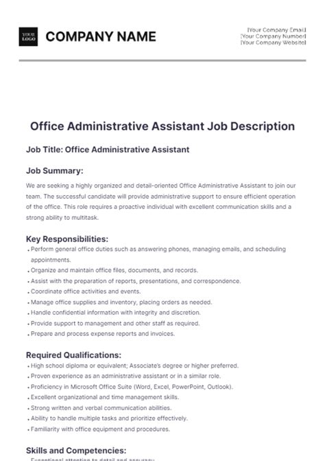 Free Office Administrative Assistant Job Description Template Edit Online And Download