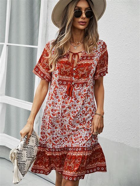 Bohemia Floral Print Ruffles Summer Dress Women Causal V Neck Tassel