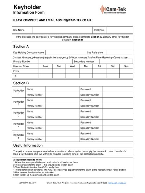 Fillable Online Keyholder Form Cctv Monitoring Ltd Fax Email Print