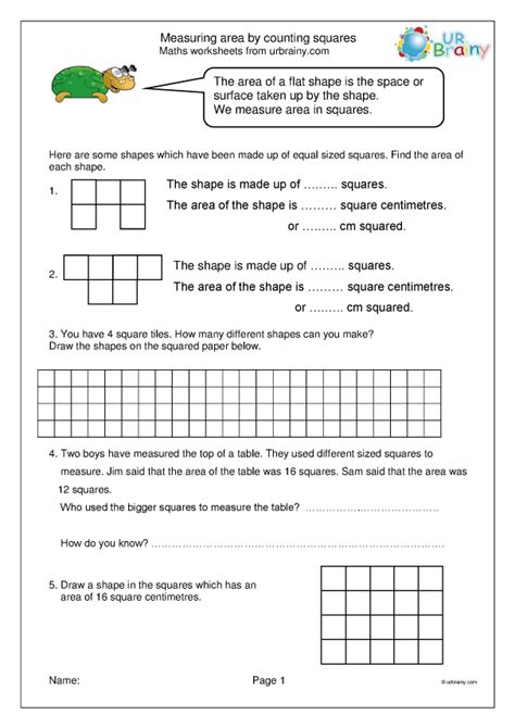 Measuring Area By Counting Squares 1 Measuring And Time Worksheets For Year 4 Age 8 9 By