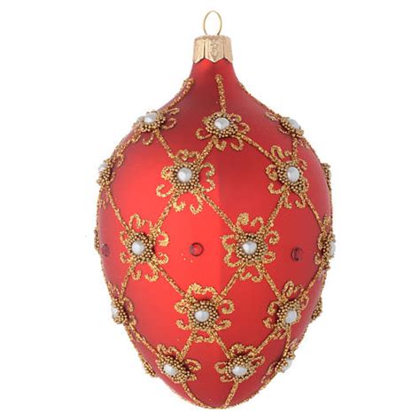 Oval Bauble In Red Blown Glass With Pearls And Gold Decorations 130mm