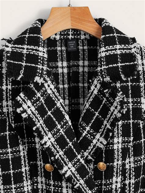 SHEIN Frenchy Plaid Raw Trim Double Breasted Belted Tweed Vest Overcoat