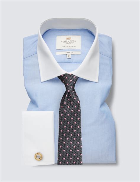 Blue End On End Plain Classic Fit Shirt With White Collar Cuffs