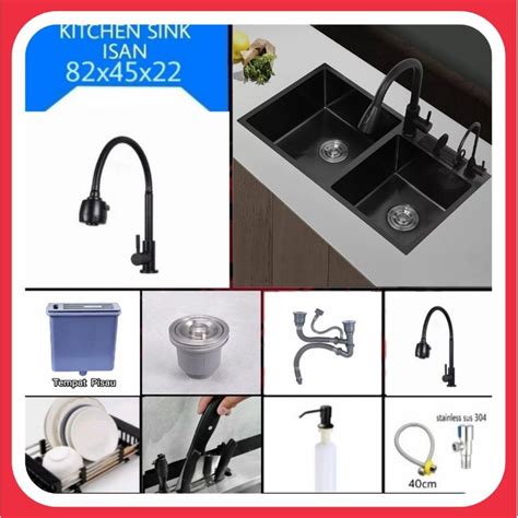 Jual KITCHEN SINK DUA LUBANG ICHSAN 8245 BLACK HITAM SUS 304 PAKET