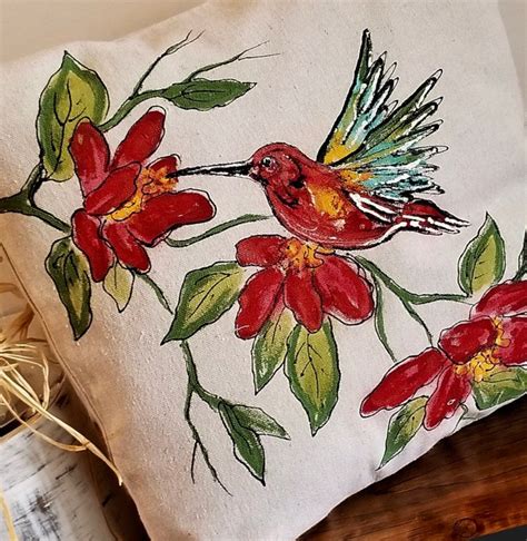 Hummingbird Pillow Hand Painted Red And Green Pillow Spring Etsy