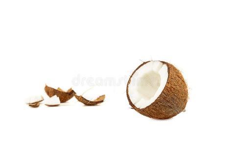 Exotic Ripe Coconut Half Near Cracked Pieces Isolated On White Stock