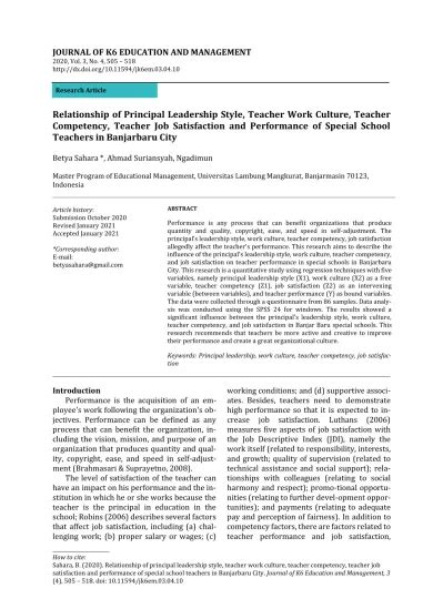 Relationship of Principal Leadership Style, Teacher Work Culture, Teacher Competency, Teacher ...