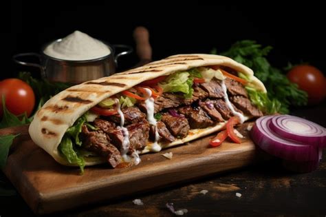 premium ai image kebab meat bread  vegetables sandwich