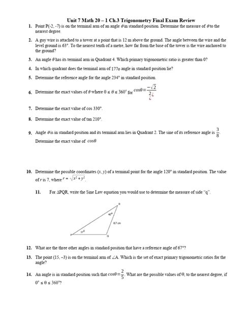 7 Ch3 Trigonometry Final Review Pdf Trigonometry Angle