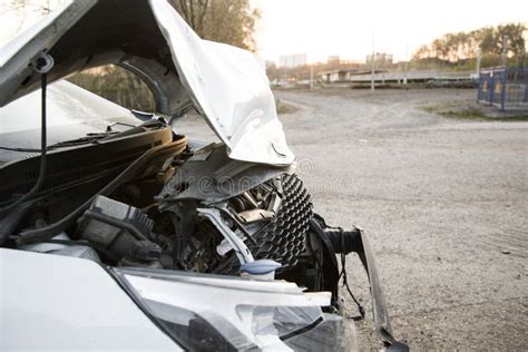 Carro Branco Do Impacto De Front Broken Ap S Um Acidente Imagem De