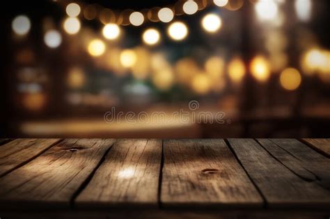 Empty Rustic Wooden Table With Blurred Lights At Background Generative