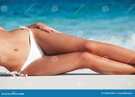 Sexy Tanned Woman Bikini Model At Maldives Tropical Sand Beach Glamour