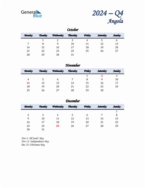 Q Monday Start Quarterly Calendar With Angola Holidays