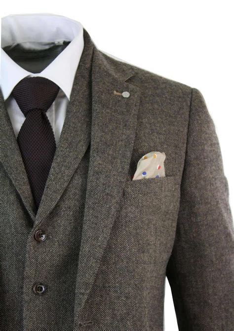 Mens 3 Piece Wool Blend Herringbone Tweed Suit Brown Vintage Tailored