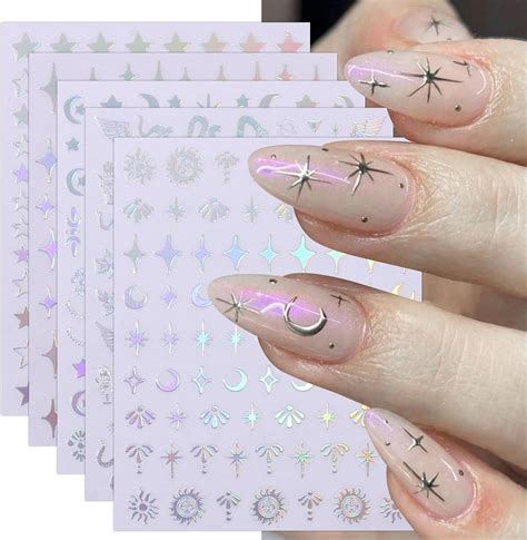 JMEOWIO 10 Sheets Moon Star Sun Nail Art Stickers Decals Self Adhesive