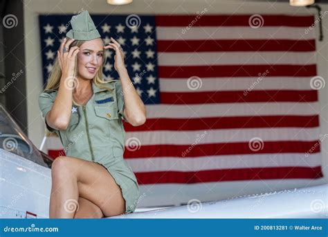 Lovely Blonde Model Posing With A Vintage World War II P Mustang Stock Image Image Of Coed