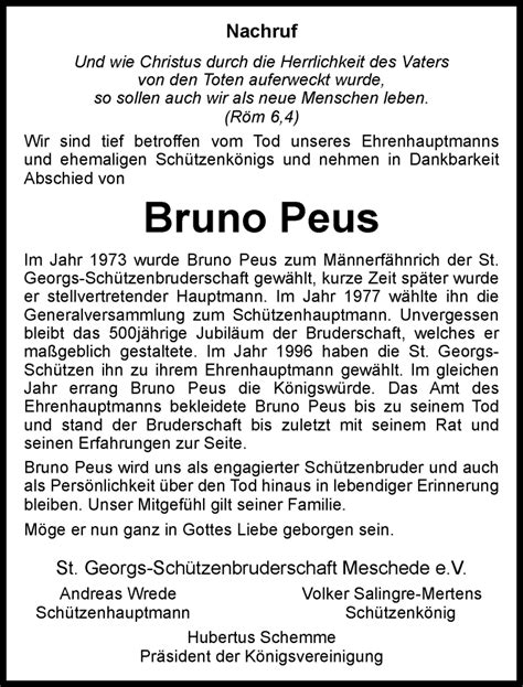 Traueranzeigen Von Bruno Peus Trauer In Nrw De