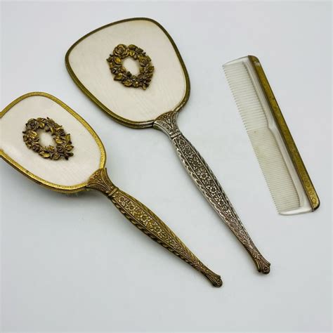 Accessories Vintage Gold Vanity Mirror Brush Comb Set Flowers Art