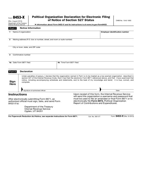 Form 8453 X Political Organization Declaration For Electronic Filing