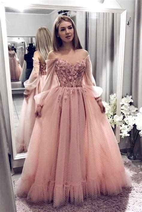 Pink New Prom Dresses Long Sleeves Ball Gown With Applique Beads