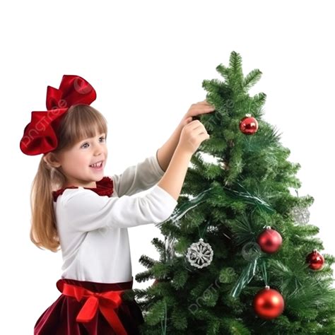 Cute Little Girl In Santa Hat Decorating Christmas Tree Santa Girl