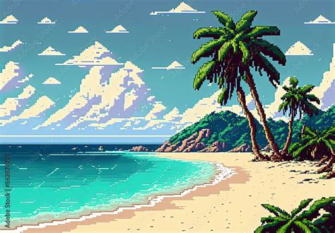 Pixel Art Beach With Coconut Trees And Clouds In The Sky Background In Retro Style For 8 Bit