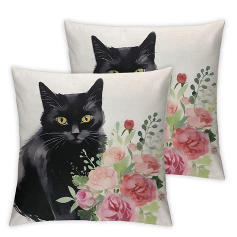 Comio Black Cat And Watercolor Flower Farmhouse Pillow Cover Decorative