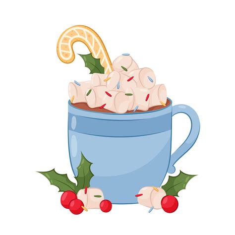 Blue Cup With Hot Cocoa And Marshmallows Decorated With Gingerbread Cane And Winter Berries In