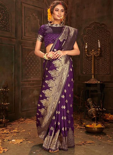 Buy Purple Soft Banarasi Silk Wedding Wear Zari Weaving Saree Online