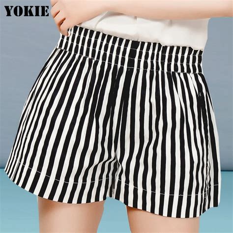 S 4xl Plus Size Women Shorts Striped High Elastic Waist Loose Cotton