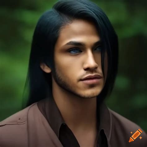 Attractive Biracial Man With Blue Eyes And Long Black Hair In Nature On