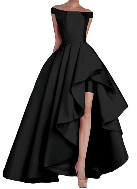 Newfex High Low Prom Dress Off Shoulder Long Satin Evening Gowns For Women Black Size 28