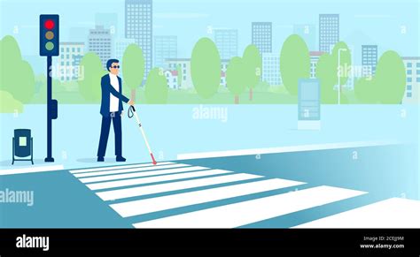 Vector Of Blind Adult Man With Sunglasses And Cane Crossing The Street Stock Vector Image And Art