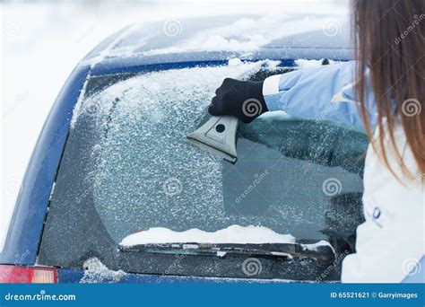 Woman Remove Snow From Windshield With Snow Brush Stock Image Image