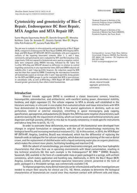 Pdf Cytotoxicity And Genotoxicity Of Bio C Repair Endosequence Bc Root Repair Mta Angelus