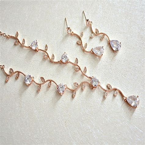 Rose Gold Crystal Vine Y Necklace And Earrings Set Cz Crystal Wedding