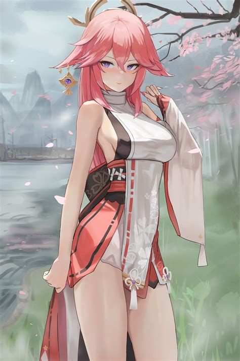 Yae Miko Genshin Impact Pink Hair Sideboob Anime Anime Girls