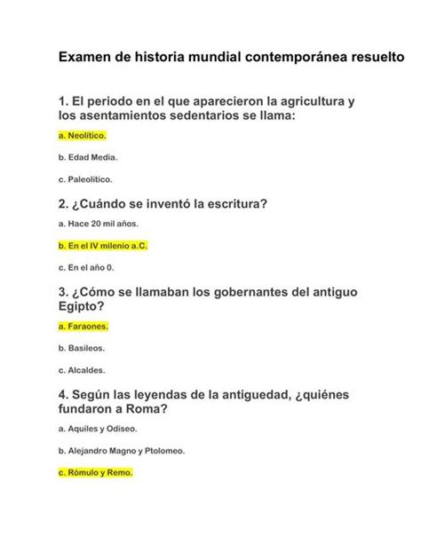 Examen de historia mundial contemporánea Historia mundial y geografía