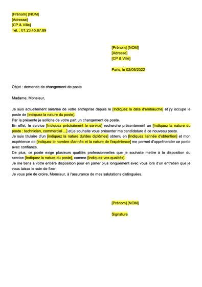 LETTRE DE DEMANDE DE CHANGEMENT DE SERVICE