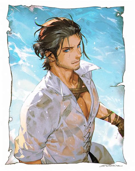 The Big Imageboard Tbib 1boy Adventurer Ff14 Bara Beach Beard Stubble Black Hair Blue Eyes