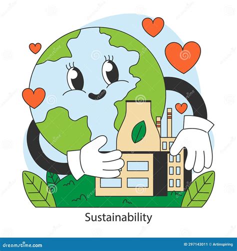 Sustainability Earth Cartoon Character Hugs A Green Factory Stock