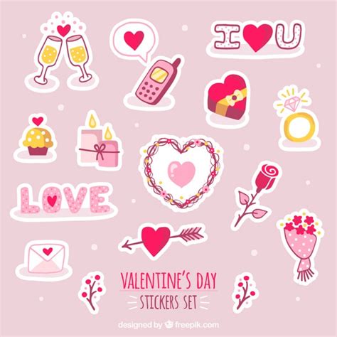 Set De Pegatinas Del Día De San Valentín Dibujadas A Mano Vector Premium