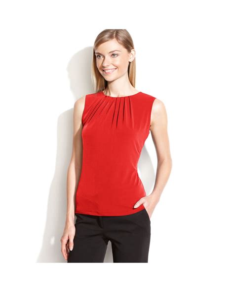 Calvin Klein Sleeveless Pleated Neck Blouse In Red Lyst