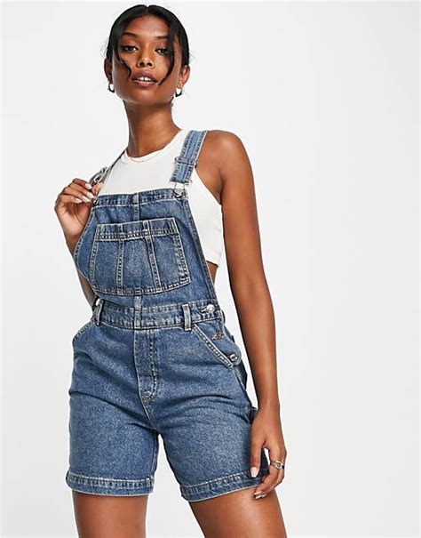 Asos Design Denim Short Overalls In Midwash Asos