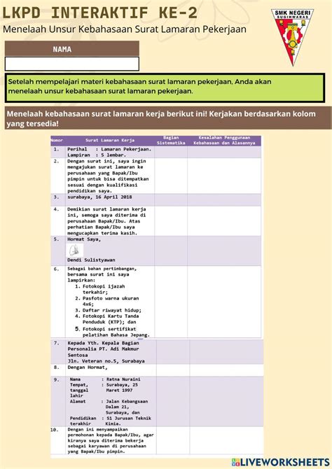 Lkpd Menganalisis Unsur Bahasa Surat Worksheet Live Worksheets