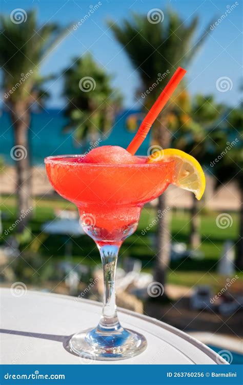 Colourful Cold Strawberry Daiquiri Cocktail Drink Served In Glass At