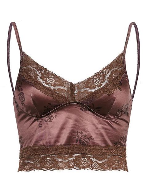 Emmiol Free Shipping 2023 Floral Lace Paneled Satin Crop Cami Top Brown