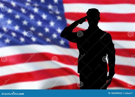 Soldiers Silhouette Saluting The Usa Flag For Memorial Day Or Veterans